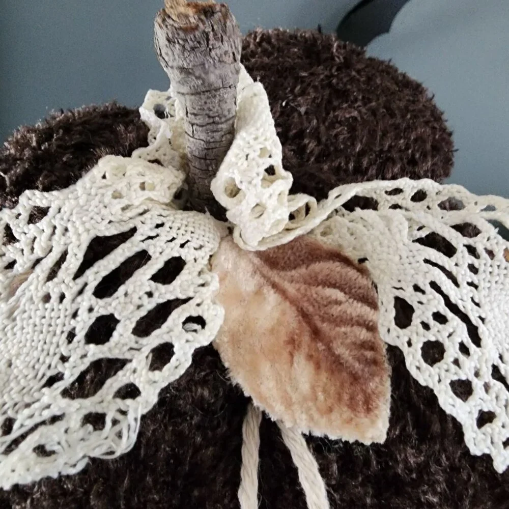 Knit Sweater Pumpkin Pillow Pouf, Upcycled Brown Chenille with Vintage Lace - Picture 2 of 9